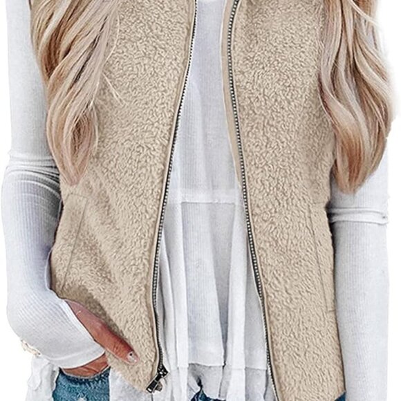 Womens Fuzzy Sherpa Fleece Jacket Lightweight Vest Cozy Sleeveless Cardigan Zipp - Picture 1 of 6